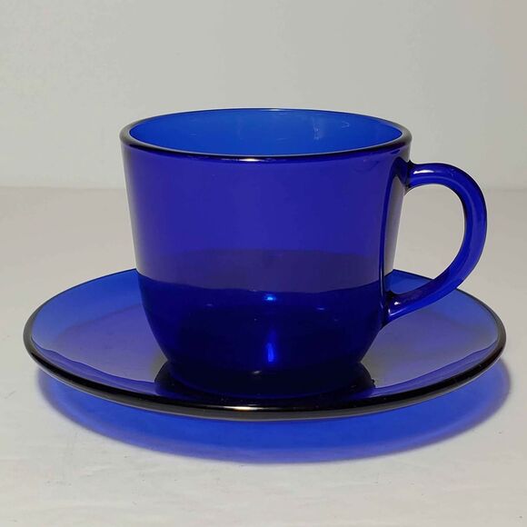 Cobalt Blue Glass Teacup and Saucer Vintage - Picture 1 of 5